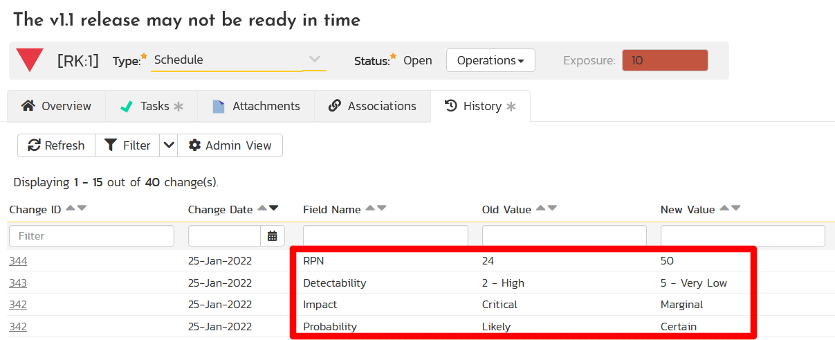 Risk history page showing risk changes captured in audit log