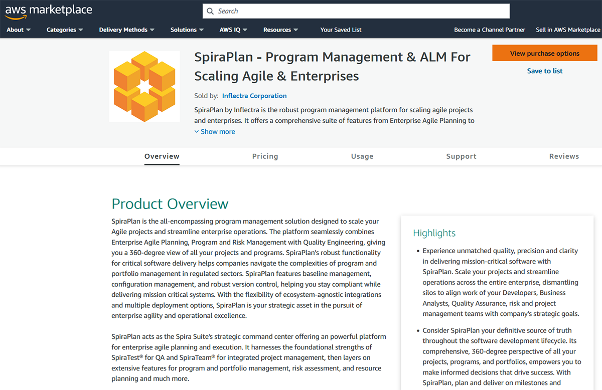 AWS Marketplace - SpiraPlan Product Listing