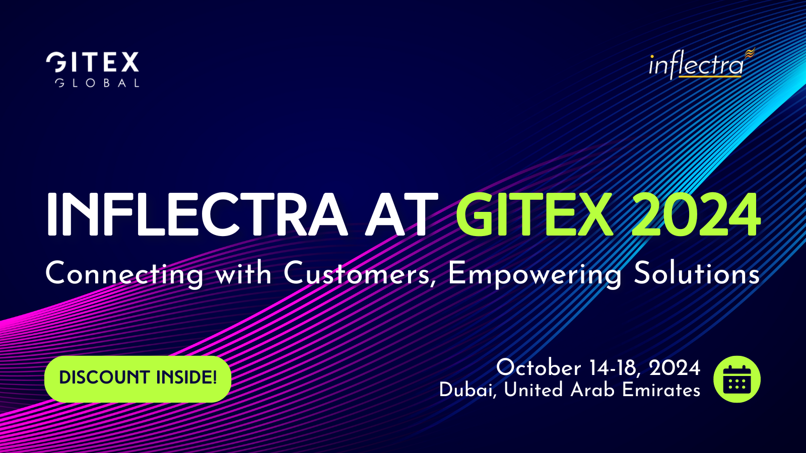 Banner advertising Inflectra's presence at GITEX 2024, a technology exhibition in Dubai. It features a dark background with swirling blue and purple lines, and includes the company logo, event details, and a "Discount Inside!" call to action.