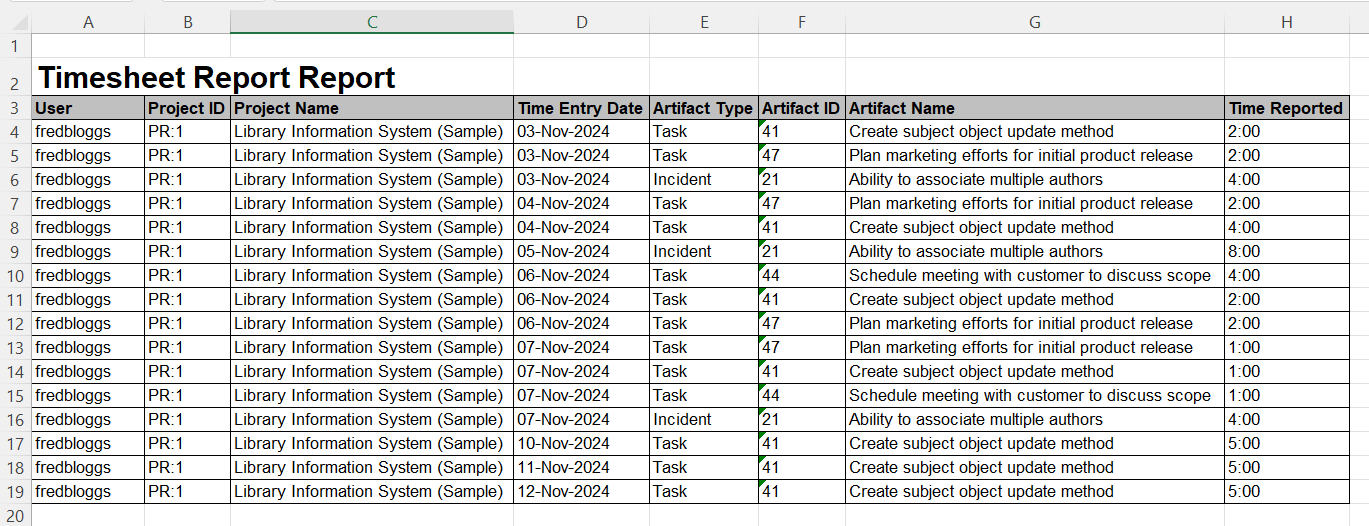 Timecard report in Excel format