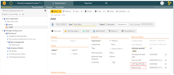 mVerve KB3 Monthly Processing Times Custom Properties on Requirement Details